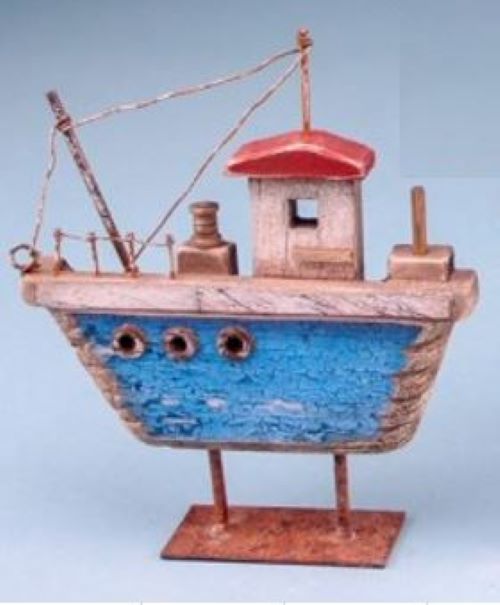 Rustic Wooden Boat Blue Nautical Ornament Sculpture Decor (16cm)