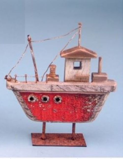 Rustic Wooden Boat Red Nautical Ornament Sculpture Decor (16cm)