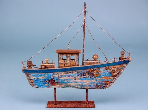 Rustic Wooden Boat Nautical Ornament Sculpture Blue Decor (24cm)