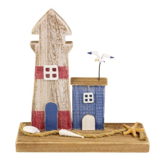 Wooden Lighthouse & Cottage Ornament with Seagal, Sea shells and Rope (20cm)