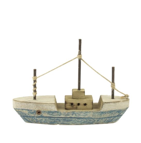 Triple Mast Rustic Wooden Boat Nautical Ornament Sculpture Blue Decor (18cm)