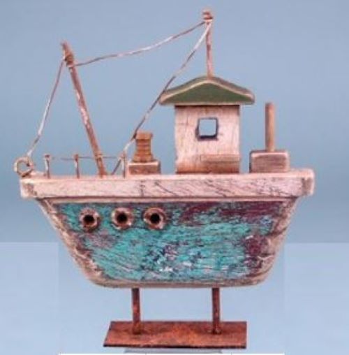 Rustic Wooden Boat Turquoise Nautical Ornament Sculpture Decor (16cm)